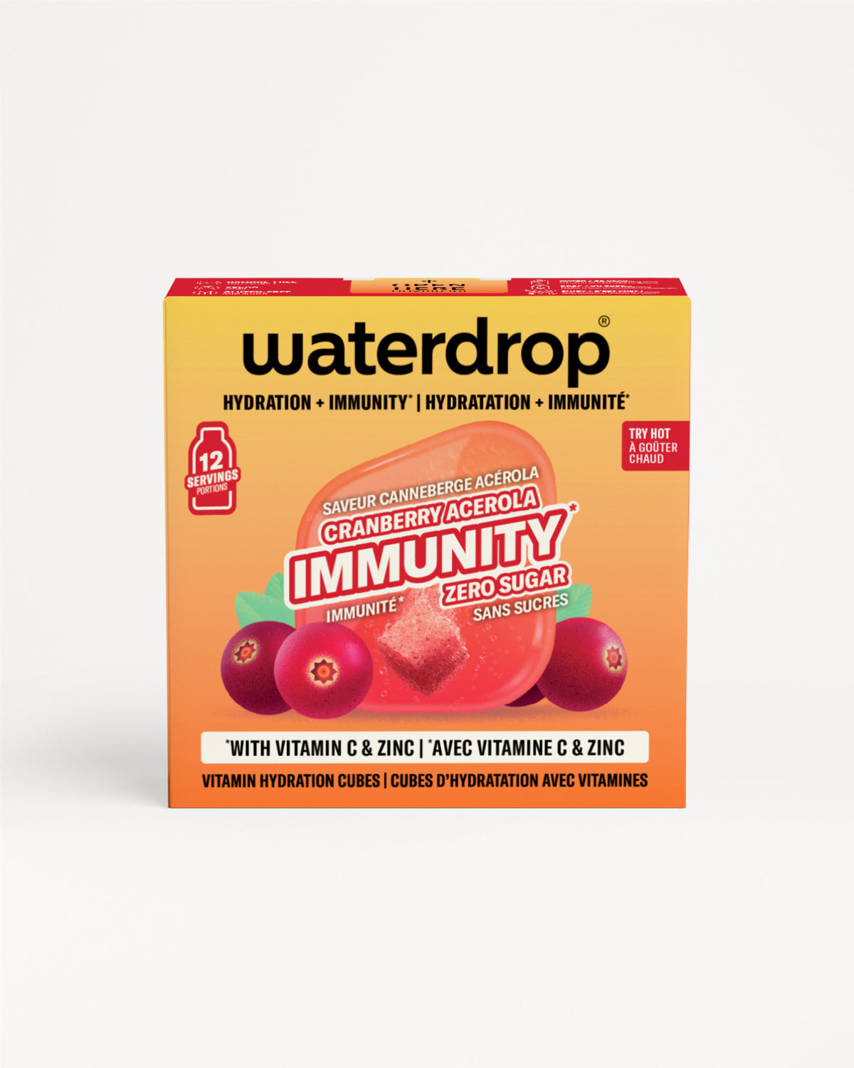 Yellow-orange Waterdrop box with cranberry imagery and a red lid
