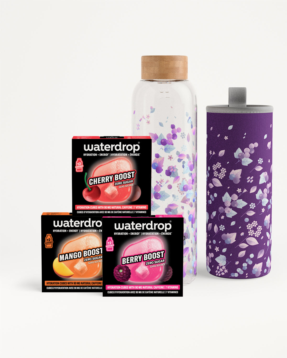 Assorted Waterdrop flavor boost packs with a purple floral bottle.