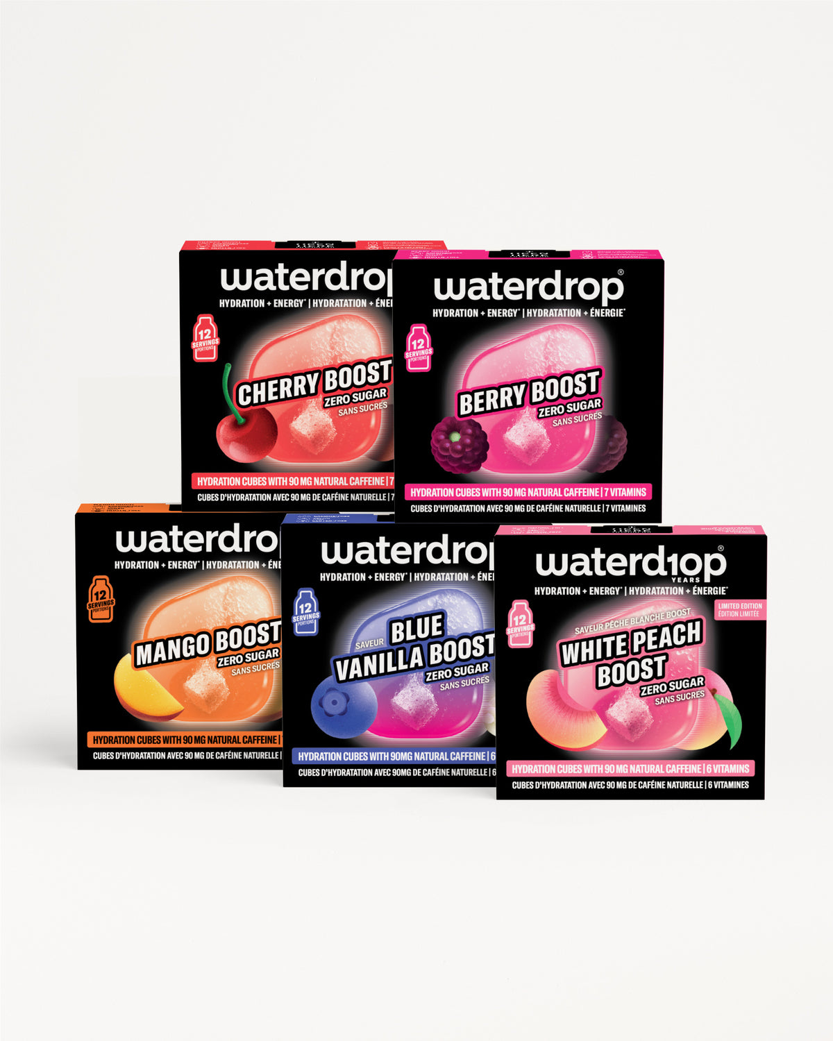 Collection of Waterdrop flavor boost boxes arranged in two rows.