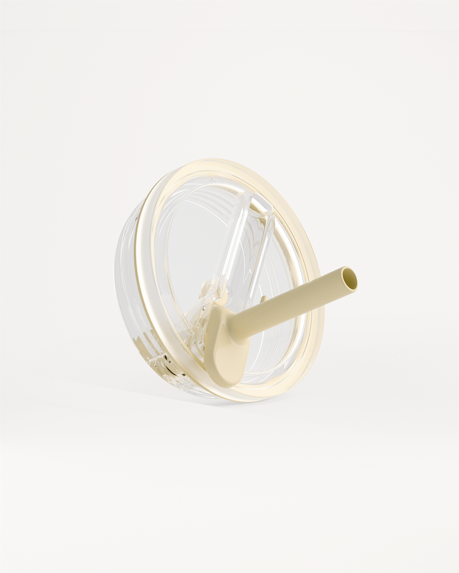 Transparent spill-proof lid with a beige gasket and built-in straw for a reusable cup.