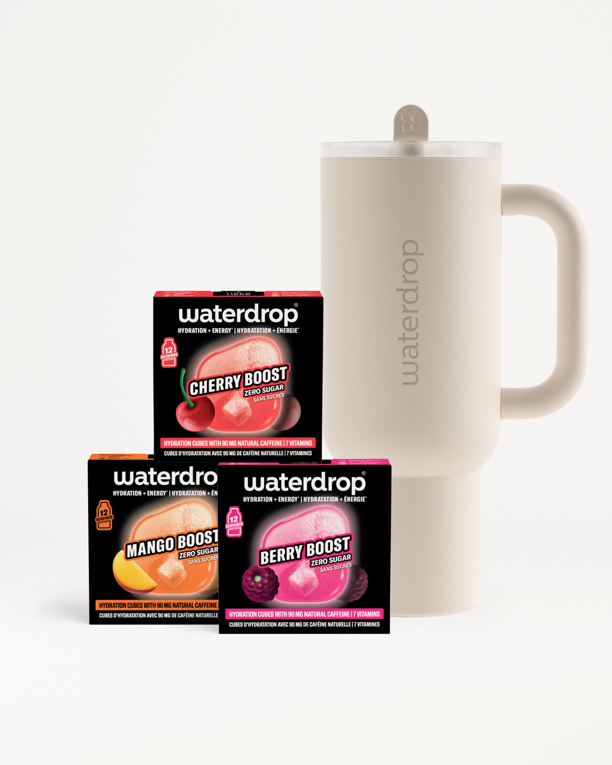 Three small rectangular boxes sit beside a white insulated bottle on a pale background.