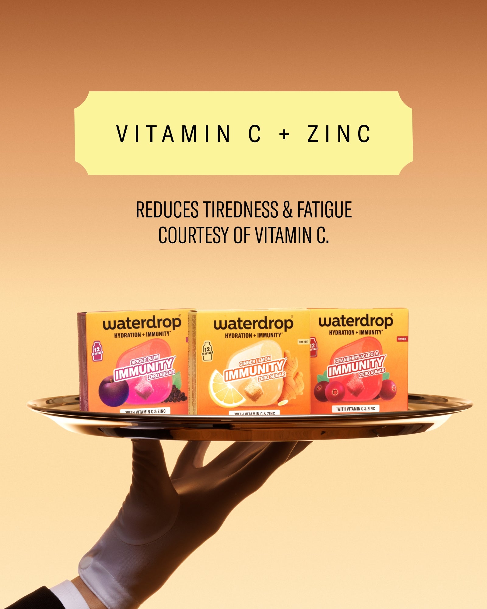 Three vitamin boxes on a round tray held by a gloved hand against an orange gradient background.