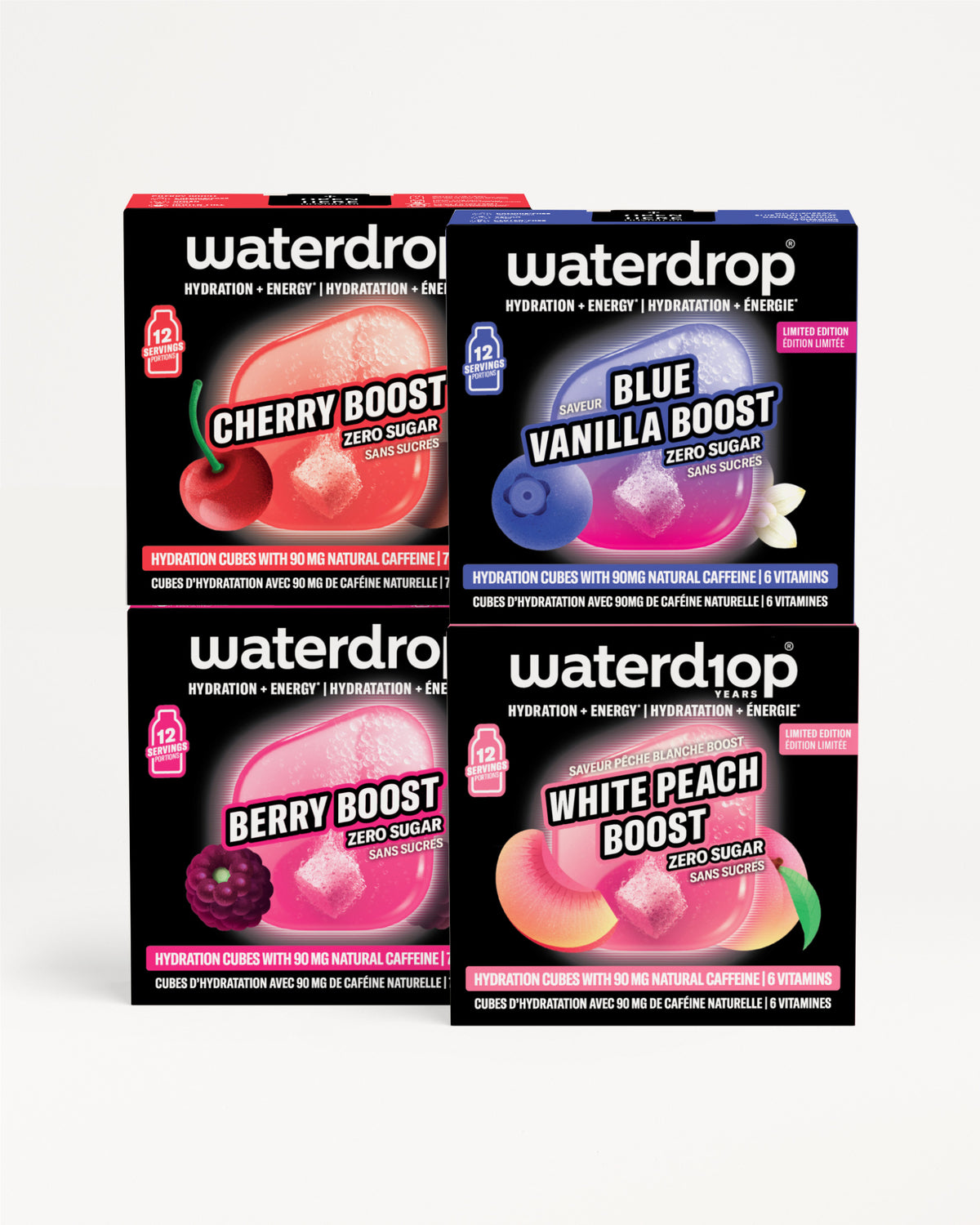 Four Waterdrop hydration boxes arranged in a 2x2 grid.