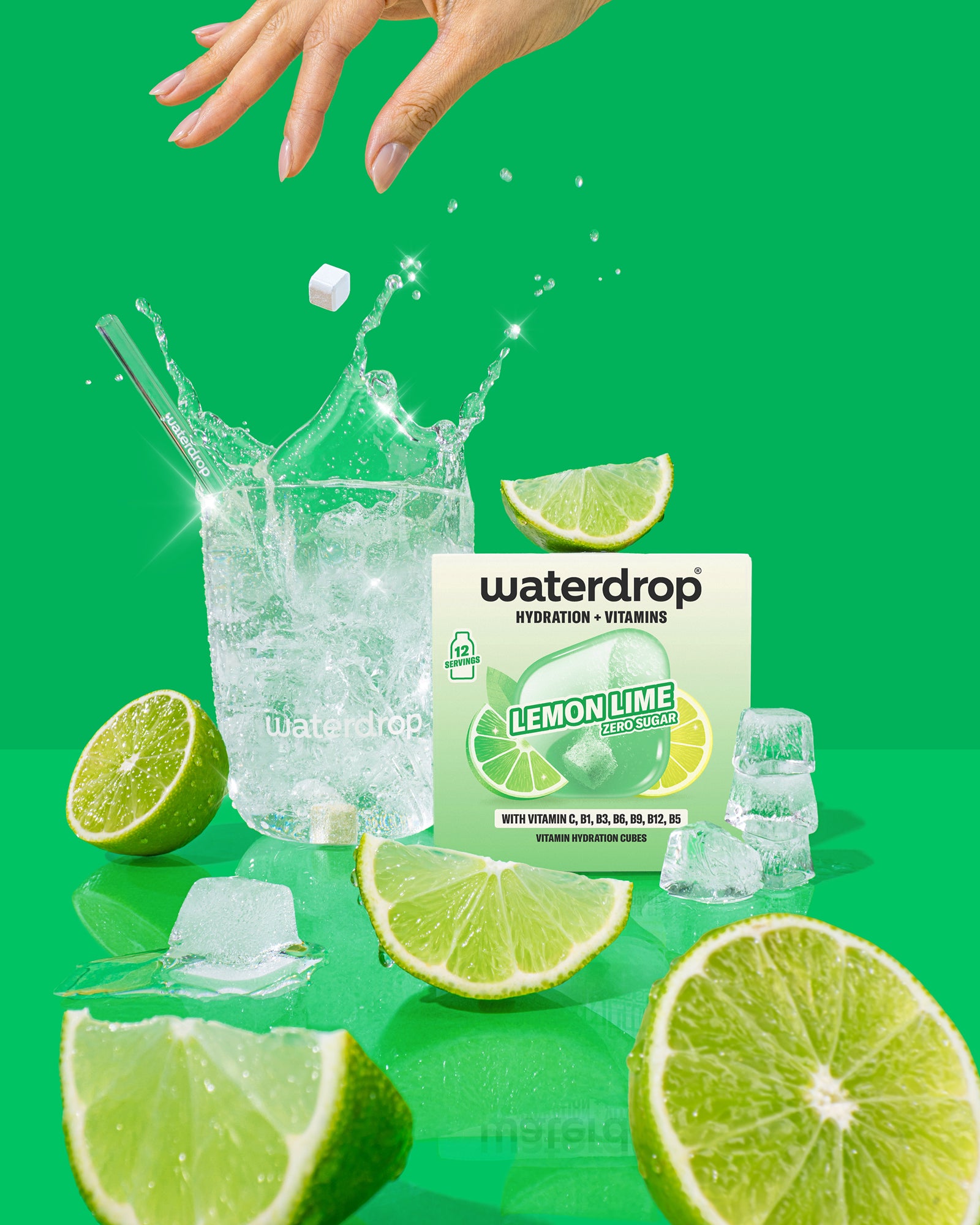 Lemon-lime Waterdrop flavor packaging with lime wedges, ice cubes, and a splash of water on a bright green background.