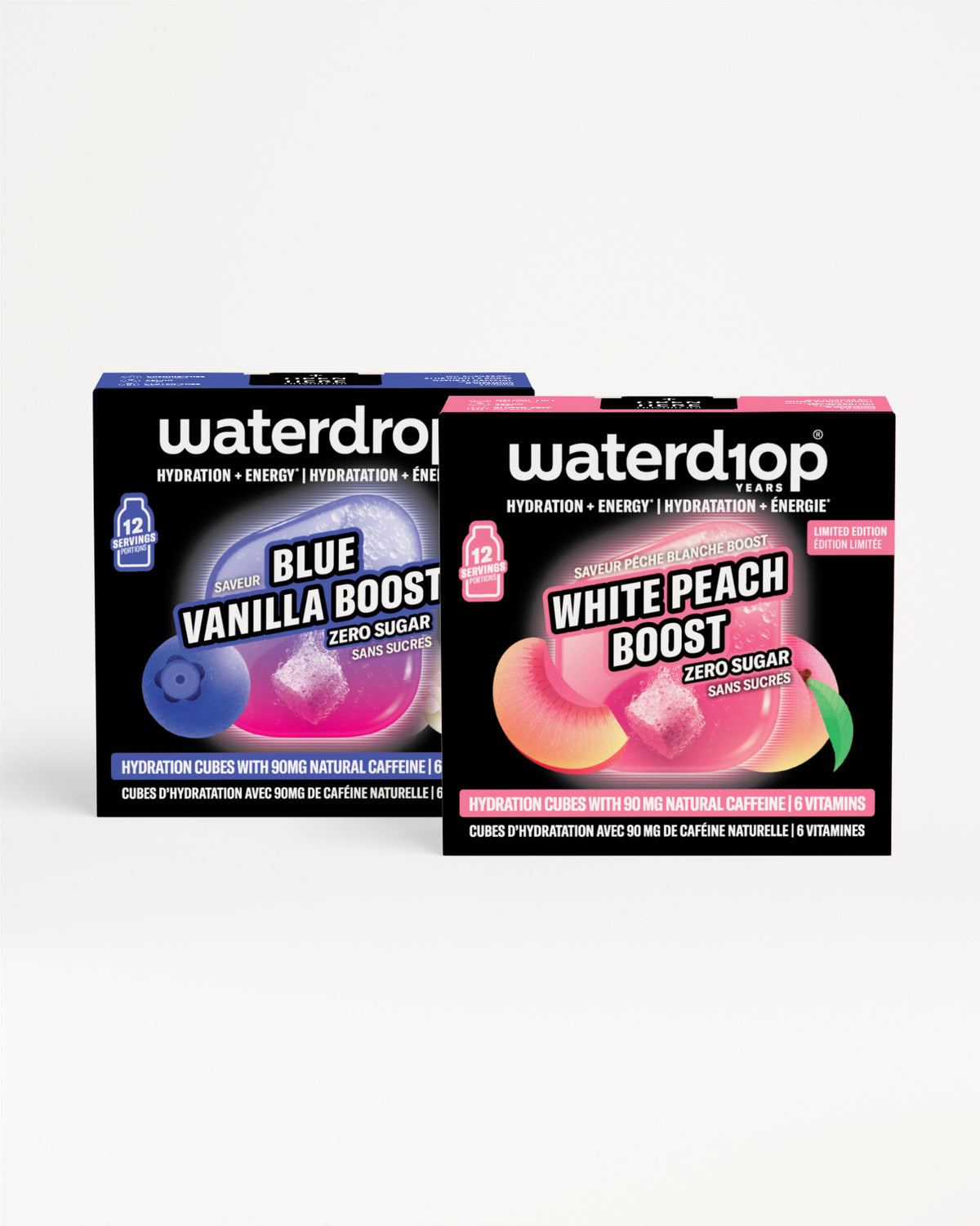 Two Waterdrop hydration boxes arranged side by side on a white background, one blue-themed and one pink-themed.