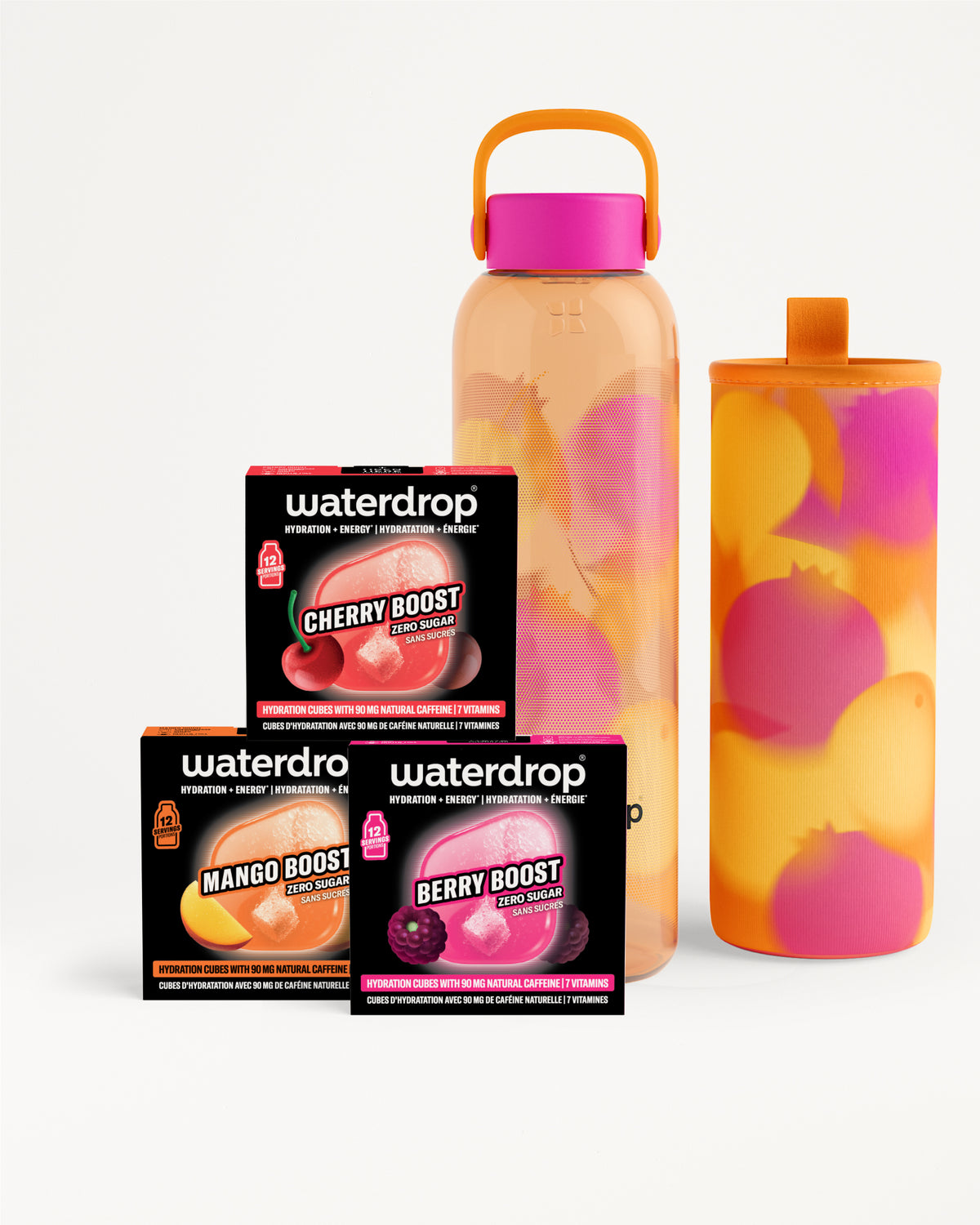 Assorted flavor boost packets with two marbled reusable water bottles.