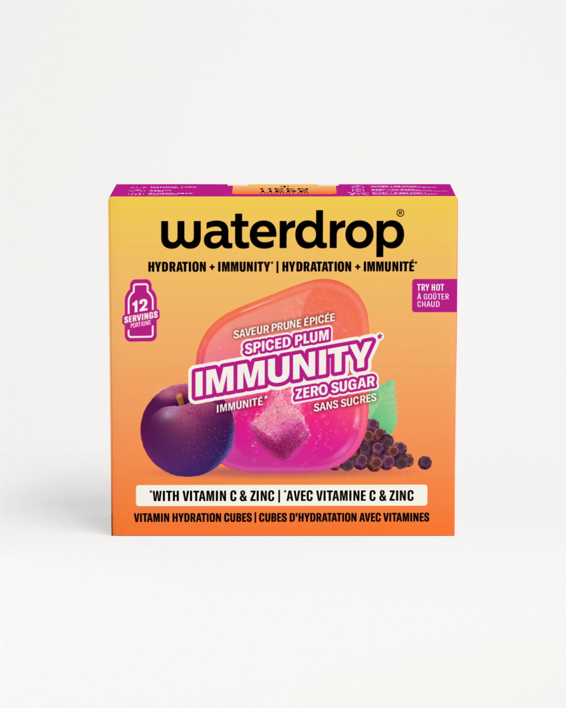 Yellow and purple Waterdrop immunity vitamin cubes box on a white background.