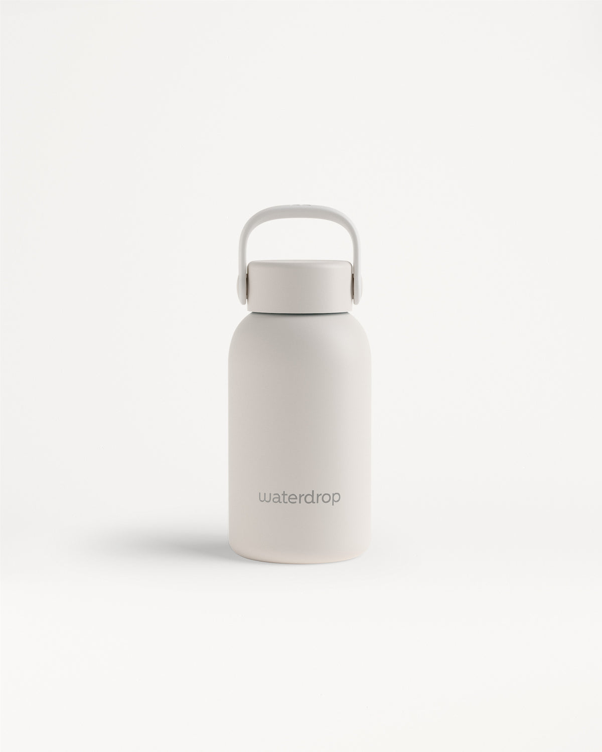 White bottle with a light gray cap and carrying handle on a white background.