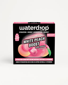 Small black box for Waterdrop White Peach Boost hydration cubes with zero sugar.