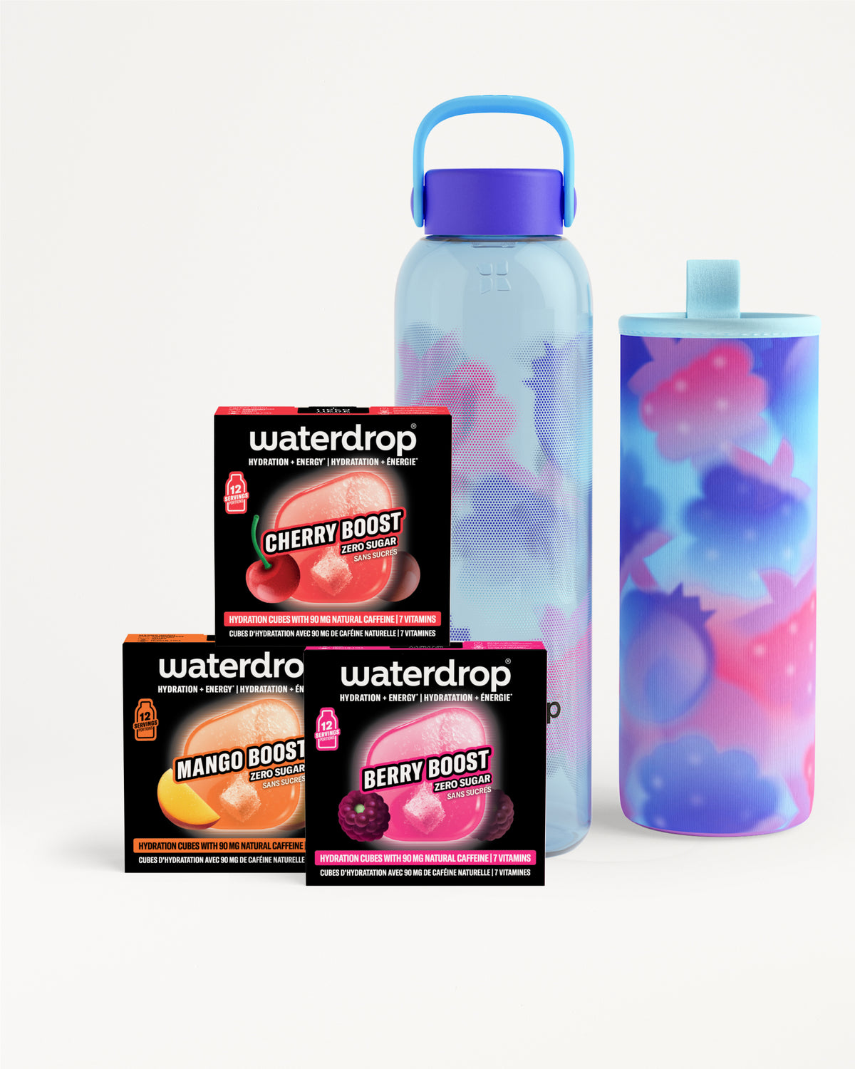 Three flavor boxes with a light blue gradient reusable water bottle and a matching tumbler.