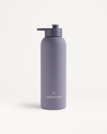 Thermo Steel Bottle · Pull-Up Cap featuring a matte finish, flip-up spout, and waterdrop logo, designed to keep drinks cold or hot for extended periods.