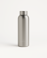 Close-up of Metal Thermo Steel bottle a double-walled stainless steel cylinder with a brushed metal finish designed to keep drinks hot or cold.